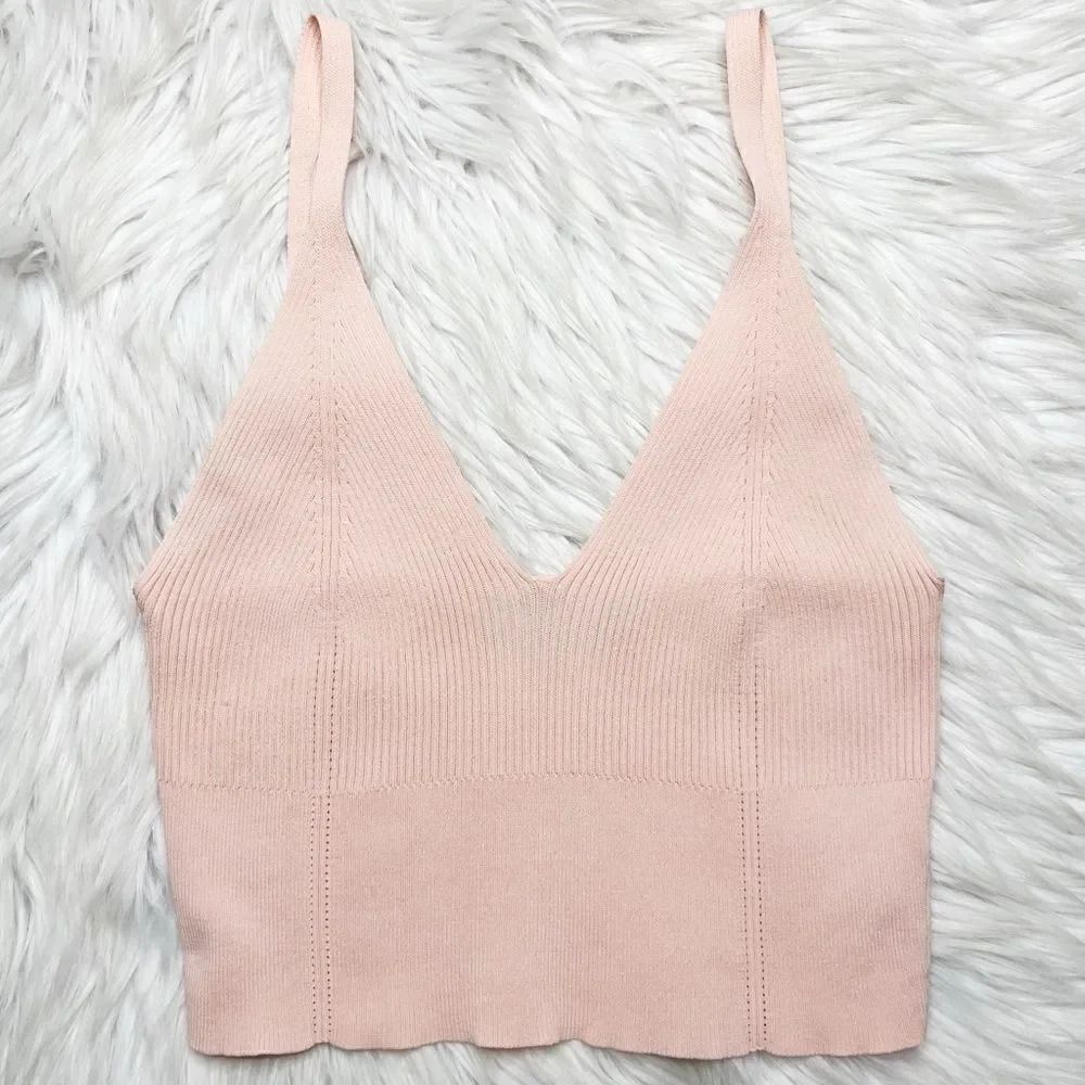 Signature 8 Ribbed Stretchy V Neck Crop Top Pink Size Small